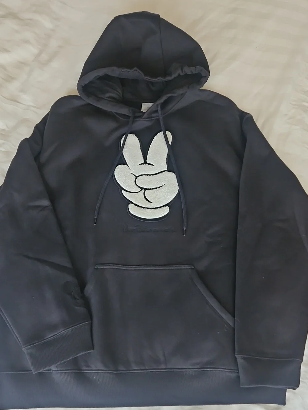 Disney Men's Black Crewneck Hoodie with White Mickey Peace-Hand Patch